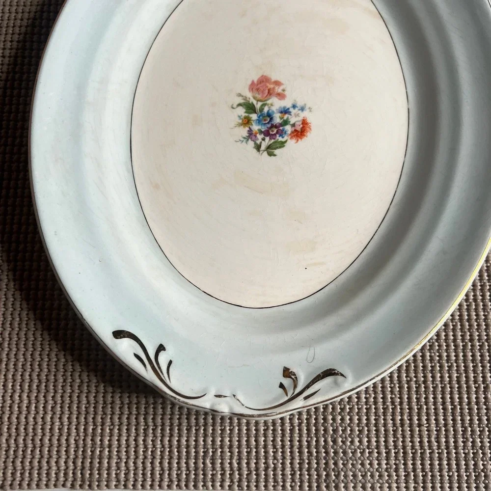 Vintage Crown Potteries Co Floral Oval Serving Platter Gold Trim Made in USA 13